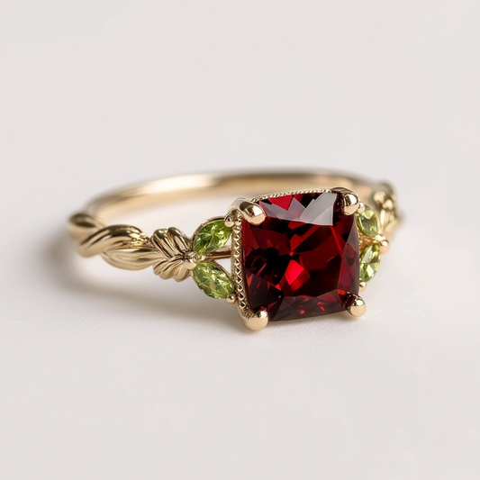 Solid Gold cushion Garnet Ring, Deep red Garnet engagement ring, Red Garnet Ring