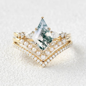 Kite Cut Moss Agate Pearl Stacking Engagement Bridal Set 3pcs