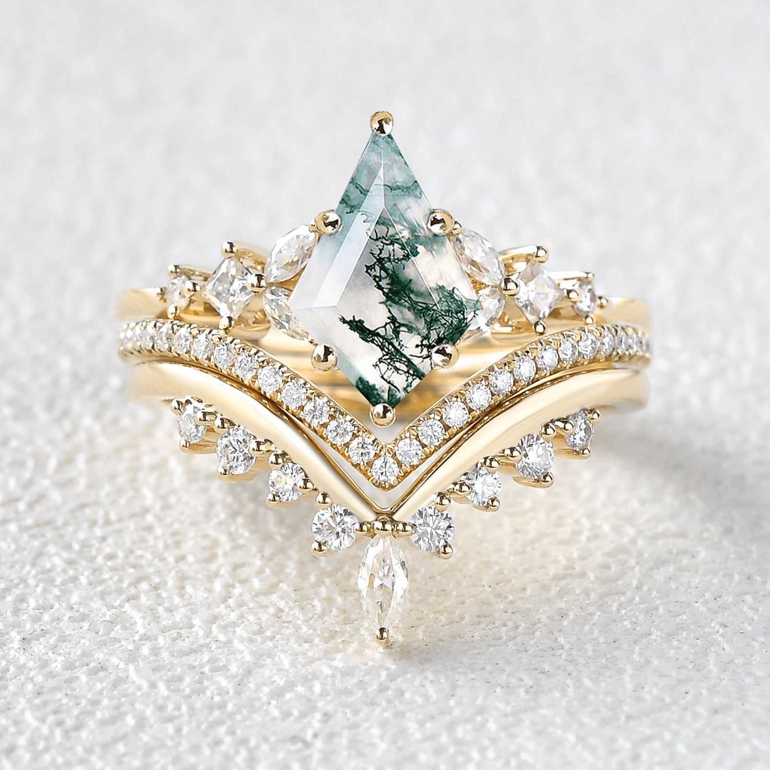 Kite Cut Moss Agate Stacking Luxurious Engagement Bridal Set 3pcs