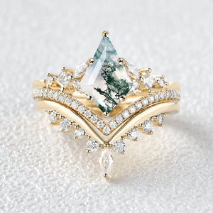 Kite Cut Moss Agate Stacking Luxurious Engagement Bridal Set 3pcs