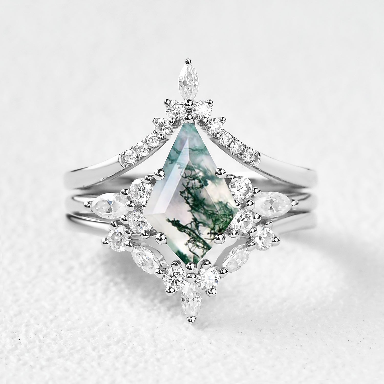 Unique Kite Cut Moss Agate Chevron Engagement Ring Set 3pcs - Kinsley