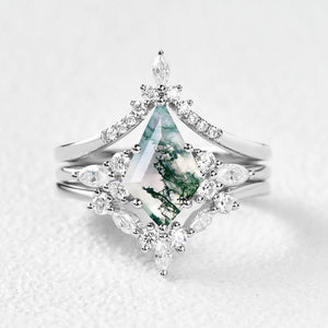 Unique Kite Cut Moss Agate Chevron Engagement Ring Set 3pcs - Kinsley