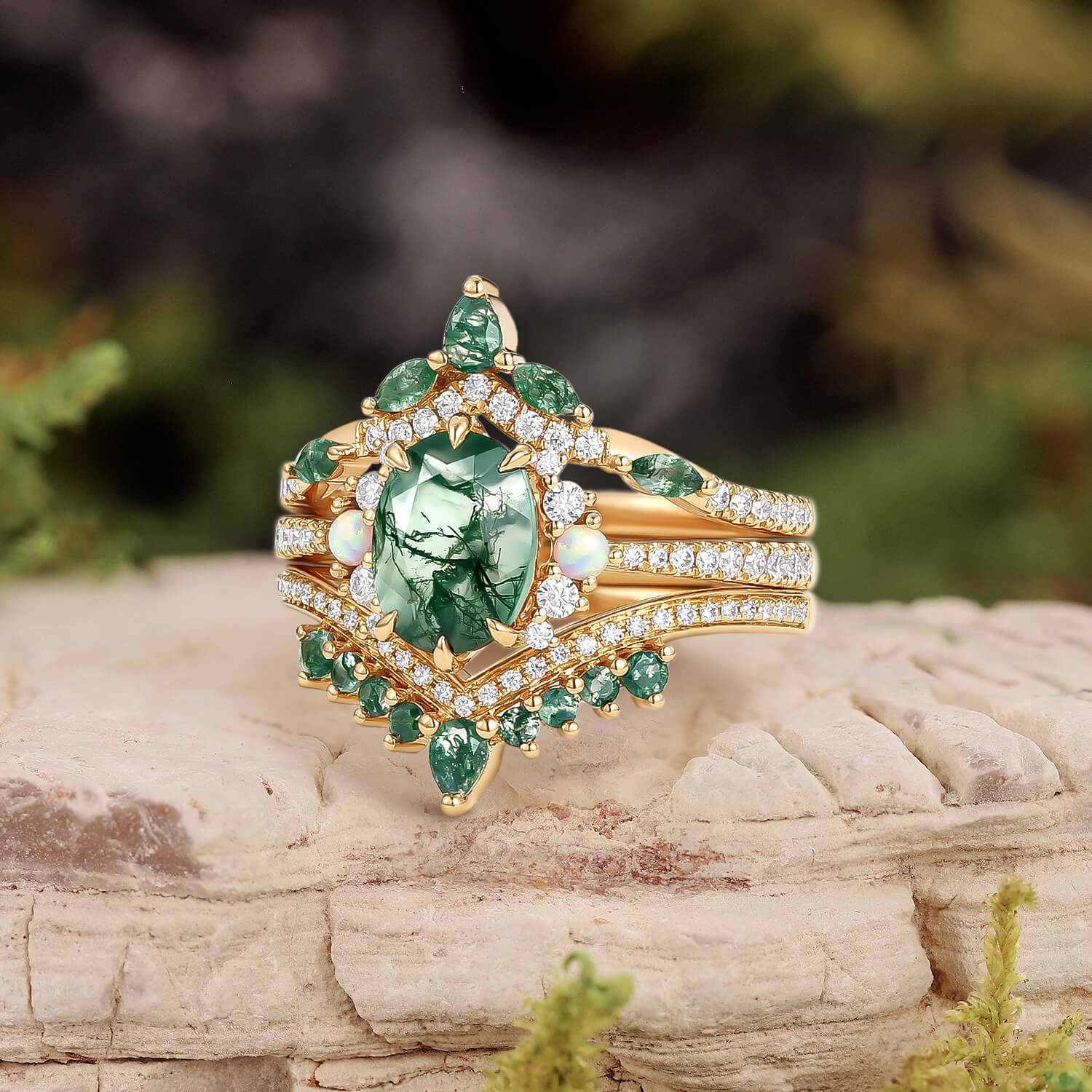 Ethan Unique Oval Cut Moss Agate & Opal Engagement Ring Set 3pcs