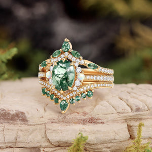 Ethan Unique Oval Cut Moss Agate & Opal Engagement Ring Set 3pcs