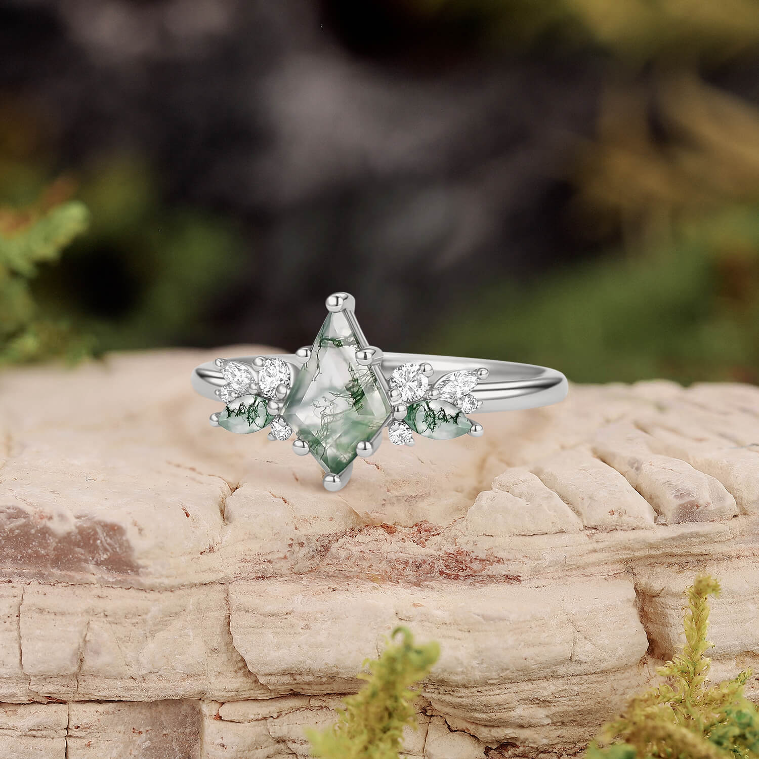 Nature Inspired Kite Cut Moss Agate Engagement Ring