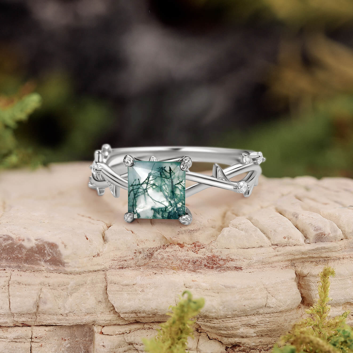 Nature Inspired Princess Cut Moss Agate Leafy Engagement Ring