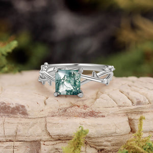 Nature Inspired Princess Cut Moss Agate Leafy Engagement Ring