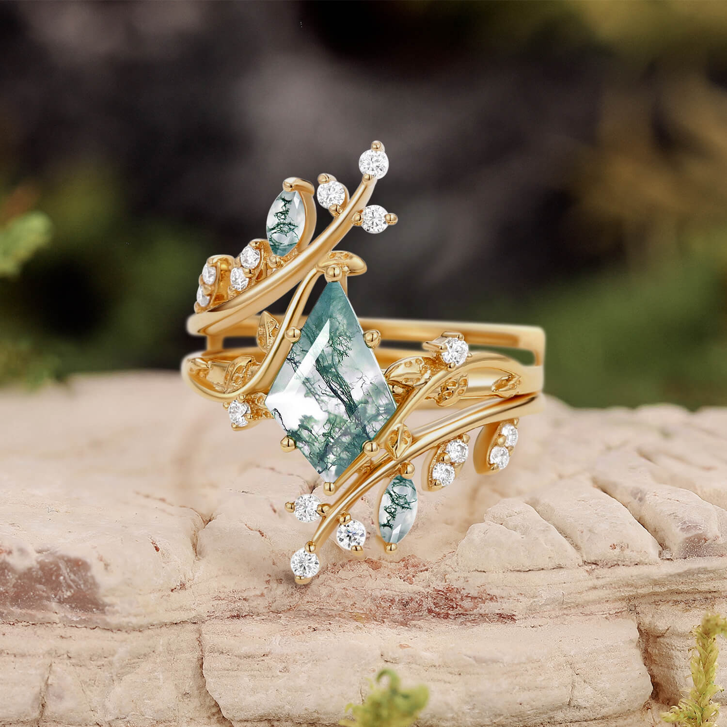 Knight Nature Inspired Kite Cut Moss Agate Cage Leafy Ring 2pcs