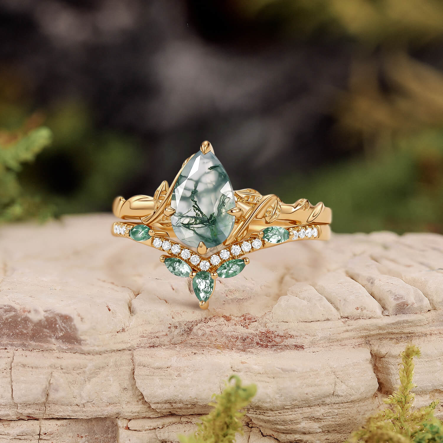 Lark Nature Inspired Pear Cut Moss Agate Leafy Ring Set 2pcs