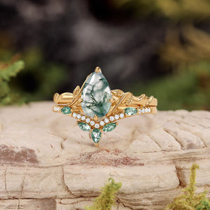 Lark Nature Inspired Pear Cut Moss Agate Leafy Ring Set 2pcs