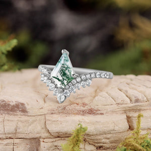 Nature Inspired Kite Cut Moss Agate Cluster Engagement Ring