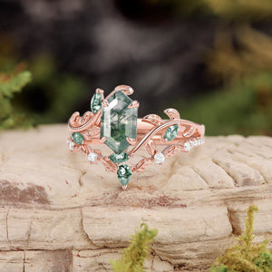 Daphne Moss Agate Hexagon Vine Engagement Ring Set 2pcs