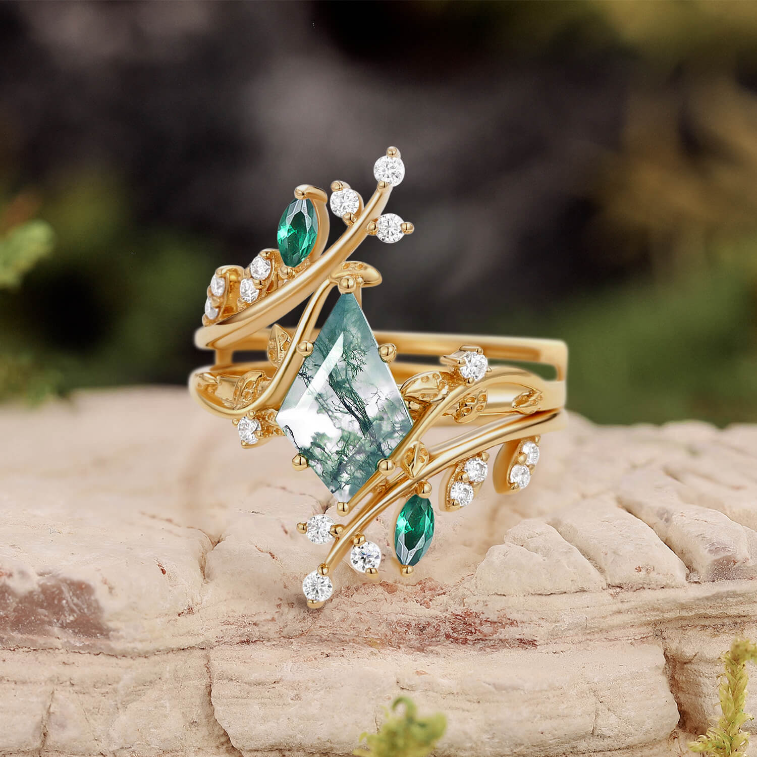 Knight Kite Cut Moss Agate & Emerald Cage Leafy Engagement Ring Sets 2pcs