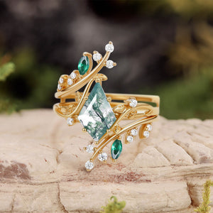 Knight Kite Cut Moss Agate & Emerald Cage Leafy Engagement Ring Sets 2pcs