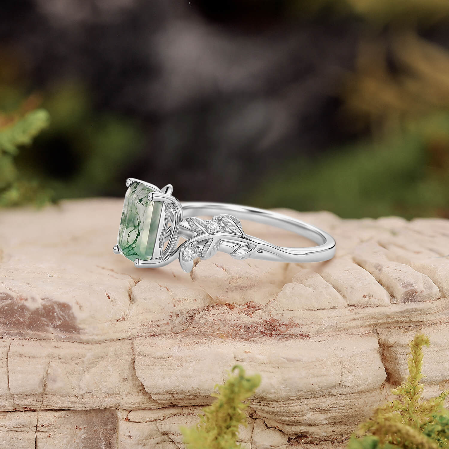 Sheryl Emerald Cut Moss Agate Leafy Engagement Ring