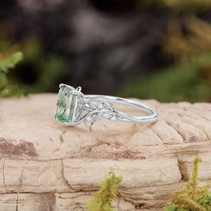 Sheryl Emerald Cut Moss Agate Leafy Engagement Ring