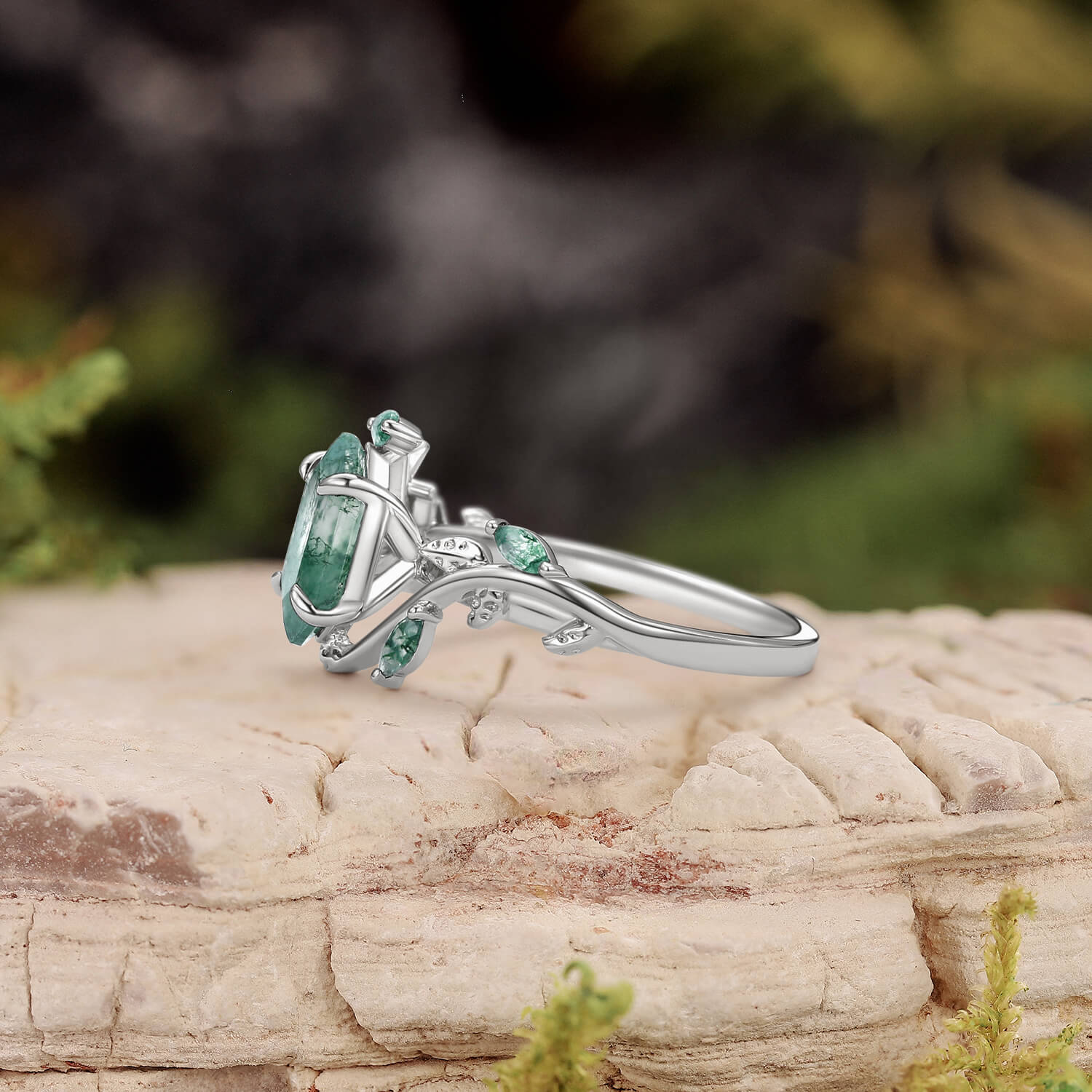 Vintage Hexagon Cut Moss Agate Leafy Engagement Ring