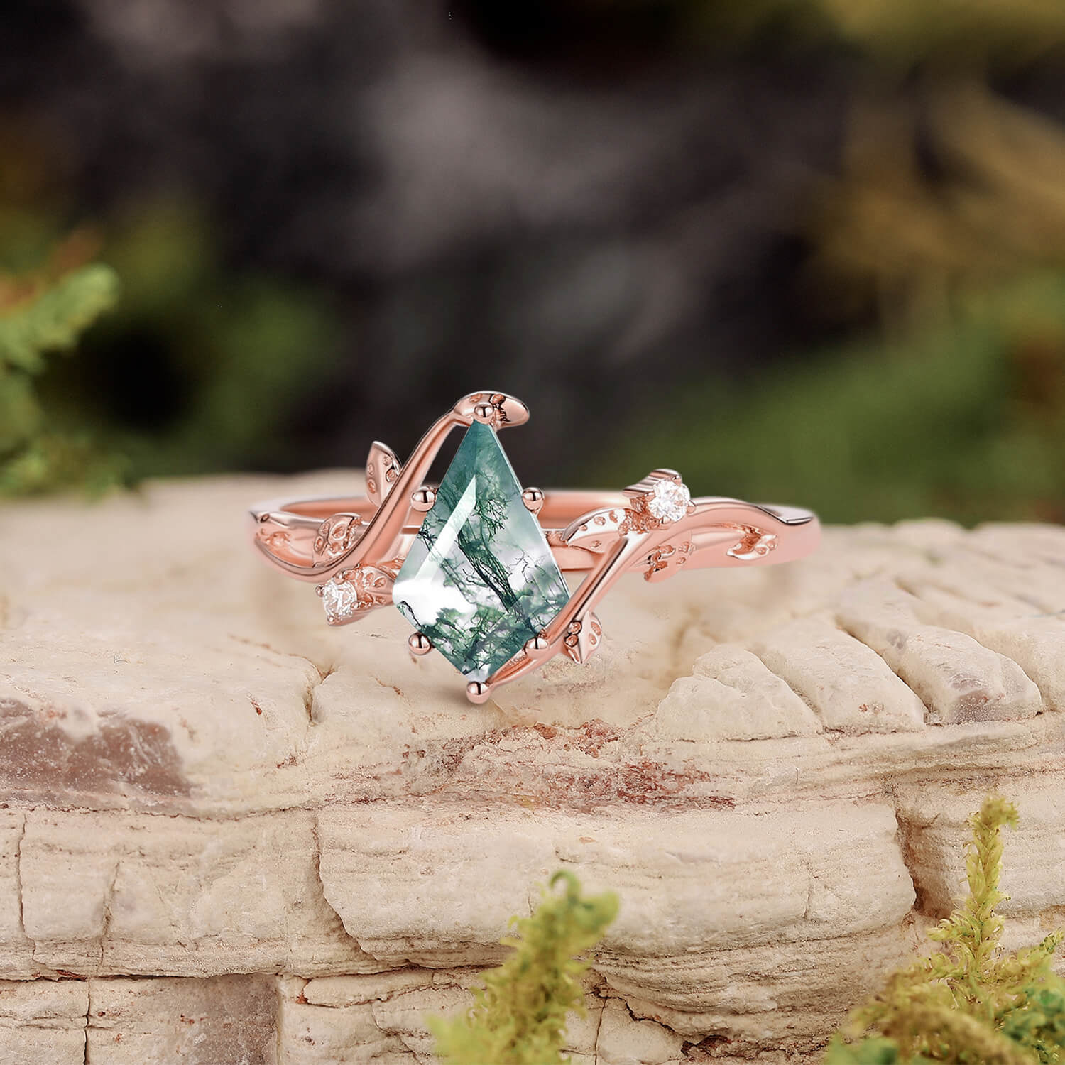 Willow Unique Kite Cut Moss Agate Leafy Engagement Ring
