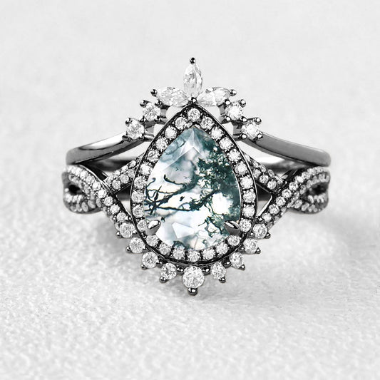 Black Gold Pear Shaped Moss Agate Antique Halo Infinity Ring Sets 2pcs