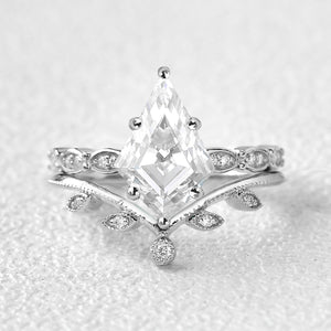 Kite Cut Moss Agate White Gold Leafy Engagement Ring Set 2pcs