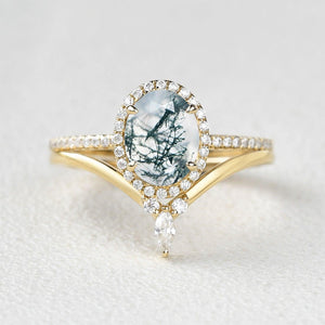 Oval Cut Moss Agate Halo Rose Gold Ring Set 2pcs