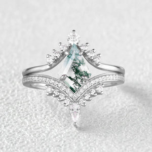 Kite Cut Moss Agate Deep V Chevron Engagement Ring Set 2pcs