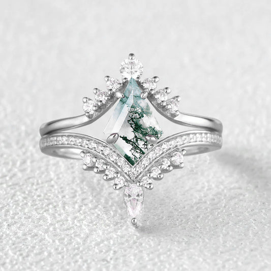 Kite Cut Moss Agate Deep V Chevron Engagement Ring Set 2pcs