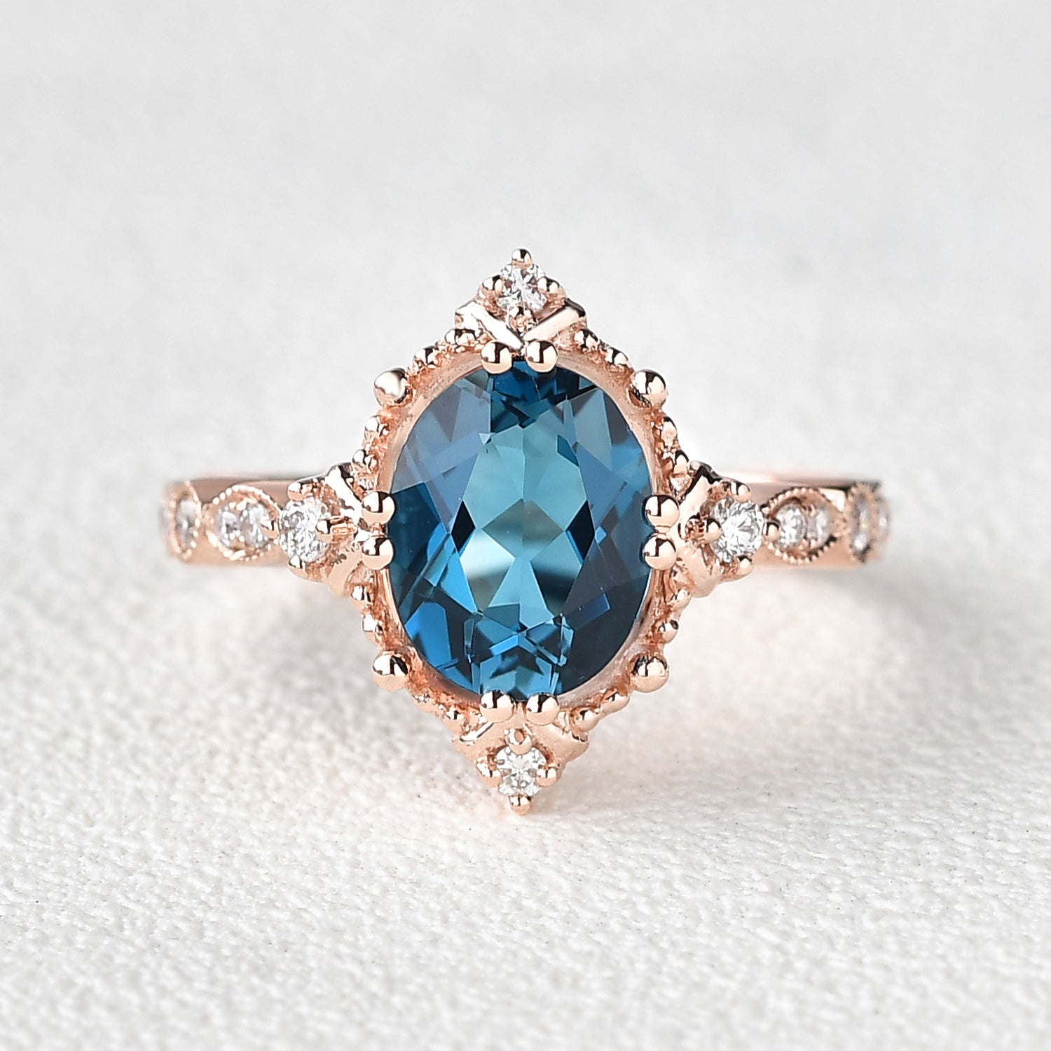 Vintage London Blue Topaz & Moissanite Art Deco Ring
