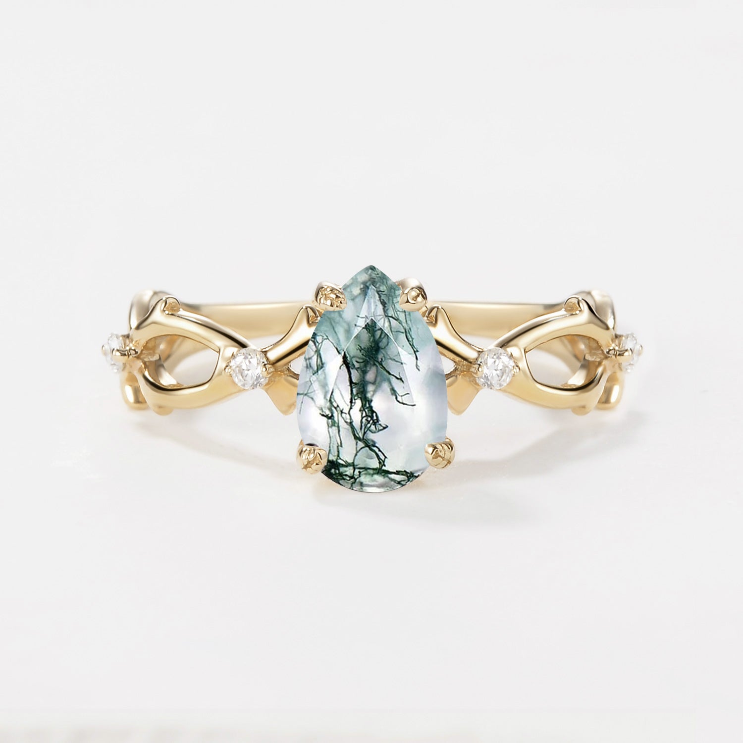 Unique Pear Moss Agate Infinity Leaf Engagement Ring