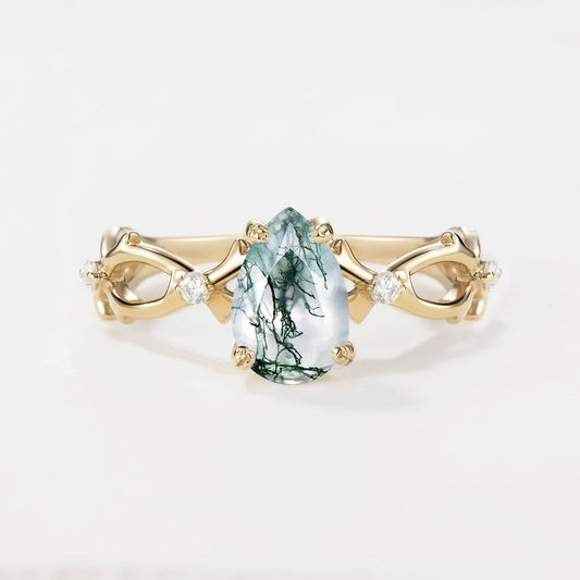 Unique Pear Moss Agate Infinity Leaf Engagement Ring