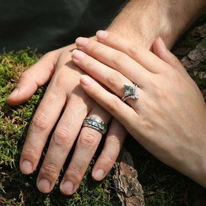 Lydia Unique Moss Agate Engagement Couple Ring Set 3pcs