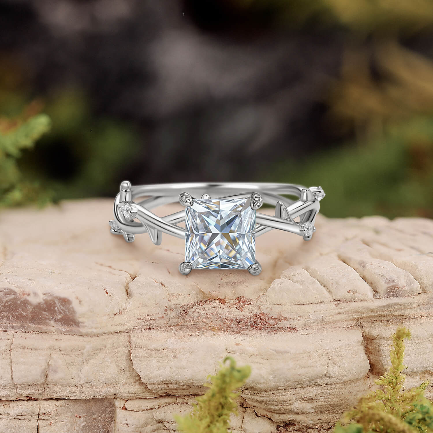 Nature Inspired Princess Cut Moss Agate Leafy Engagement Ring