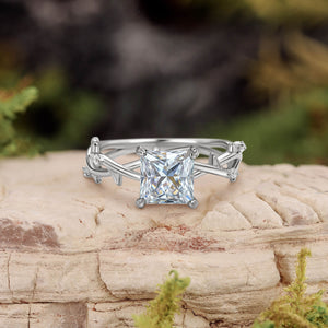 Nature Inspired Princess Cut Moss Agate Leafy Engagement Ring