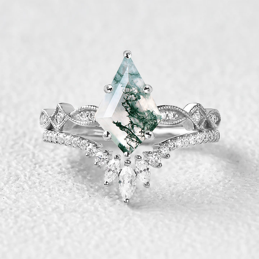 Unique Kite Moss Agate Engagement Ring Sets 2pcs
