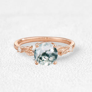 1.0ct Round Cut Moss Agate Cute Leafy Engagement Ring