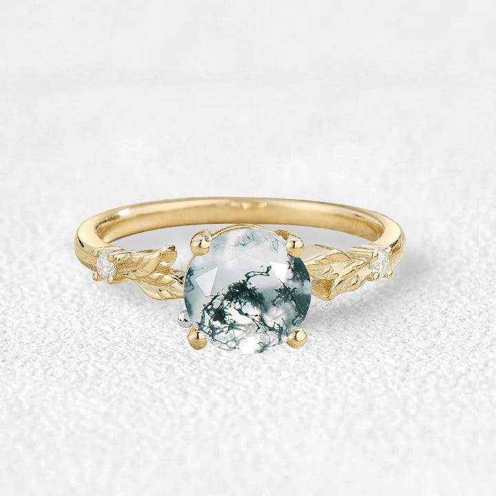 1.0ct Round Cut Moss Agate Cute Leafy Engagement Ring