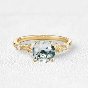 1.0ct Round Cut Moss Agate Cute Leafy Engagement Ring