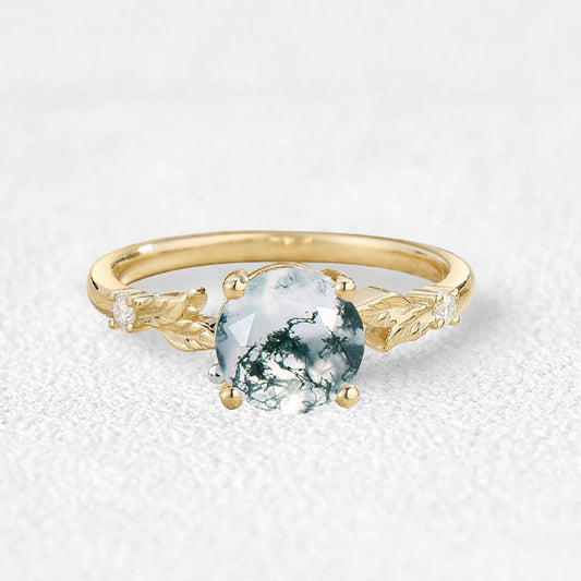 1.0ct Round Cut Moss Agate Cute Leafy Engagement Ring