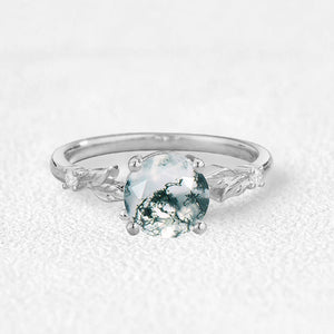 1.0ct Round Cut Moss Agate Cute Leafy Engagement Ring