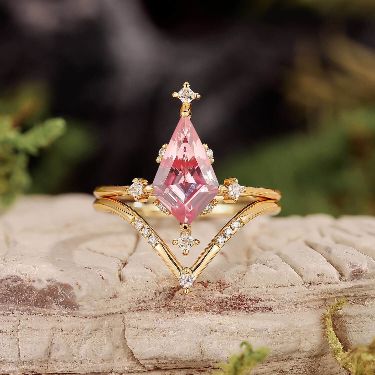 Nature Inspired Kite Cut Moss Agate Engagement Ring Set