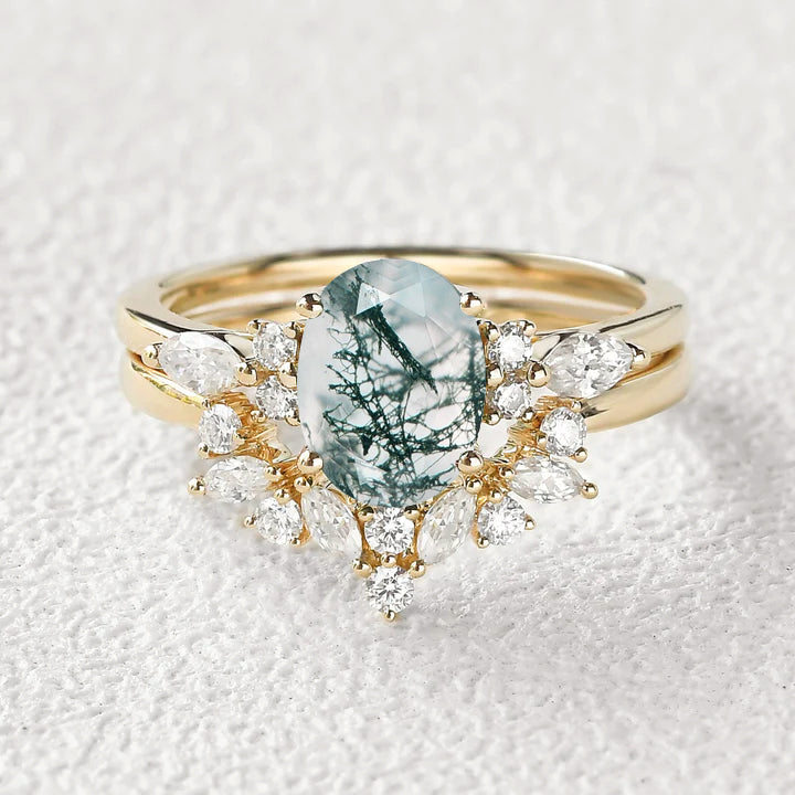 1.5ct Oval Cut Moss Agate Stacking Engagement Ring Set 2pcs