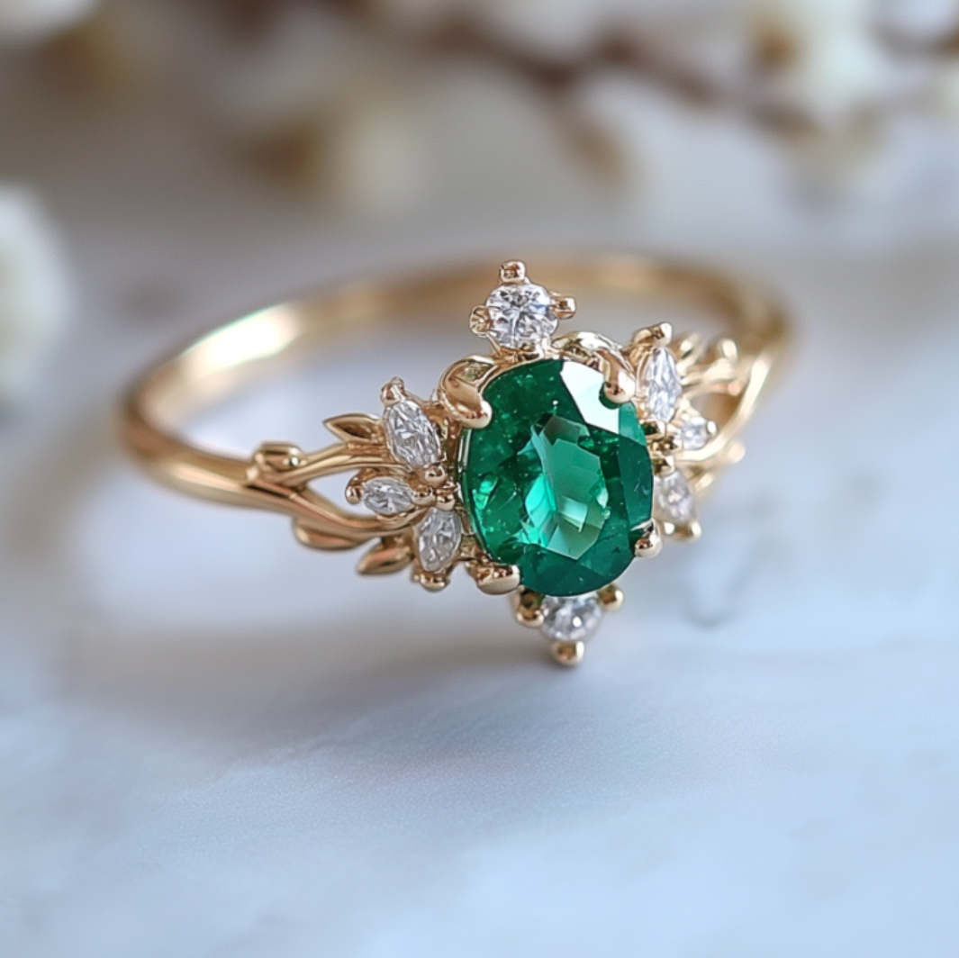 Mosslight Emerald Engagement Ring, Emerald Wedding Ring, Real Emerald Jewelry