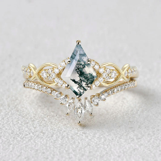 Kite Cut Moss Agate Antique Engagement Ring Set 2pcs