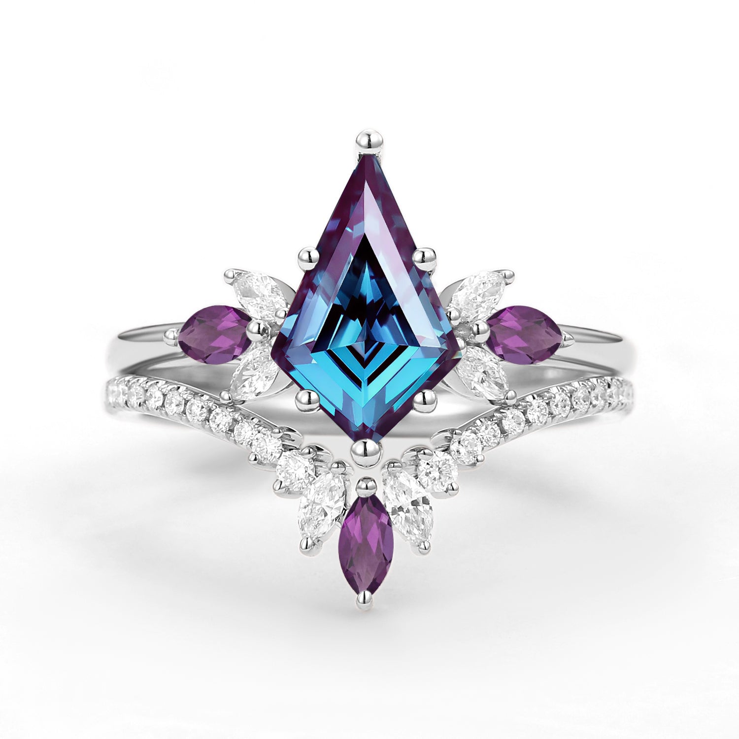 Butterfly Fairy - Unique Kite Cut Moss Agate & Amethyst Engagement Ring Set 2pcs