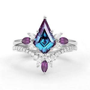 Butterfly Fairy - Unique Kite Cut Moss Agate & Amethyst Engagement Ring Set 2pcs