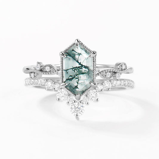 Long Hexagon Moss Agate Vintage Engagement Ring Set 2pcs