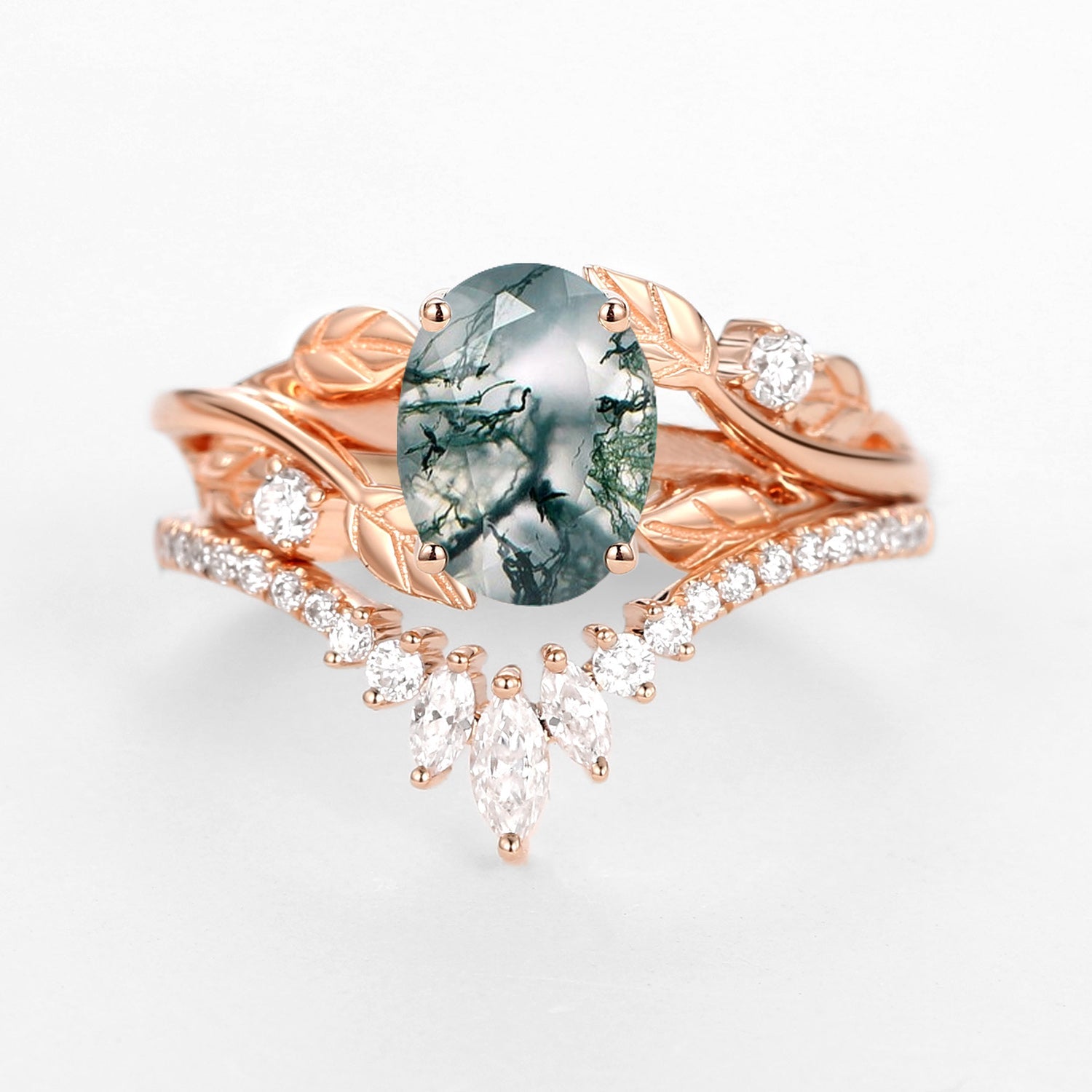 Nature Inspired Oval Cut Big Leafy Moss Agate Ring Set 2pcs