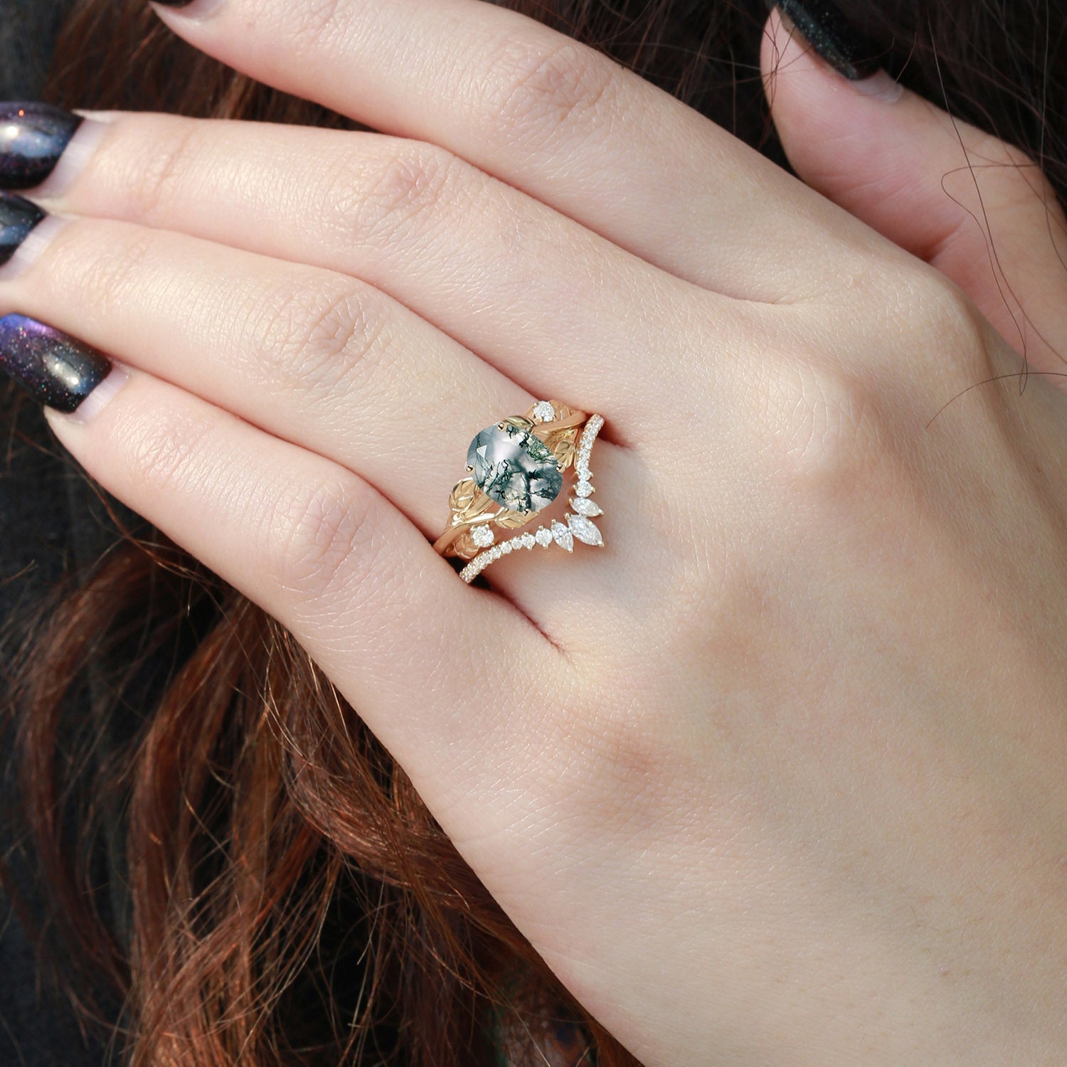 Nature Inspired Oval Cut Big Leafy Moss Agate Ring Set 2pcs