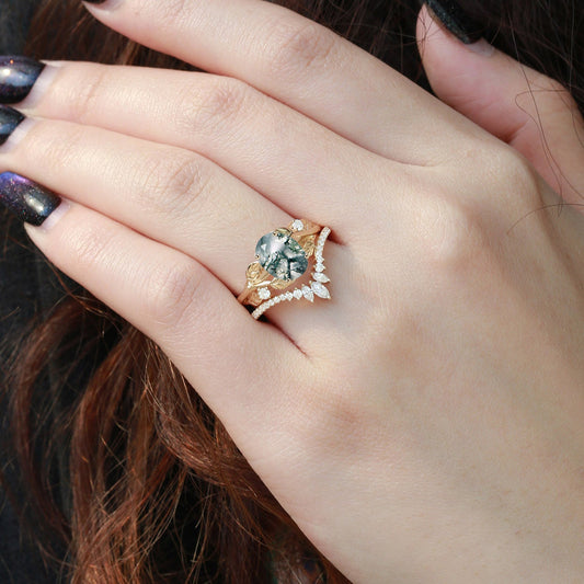 Nature Inspired Oval Cut Big Leafy Moss Agate Ring Set 2pcs