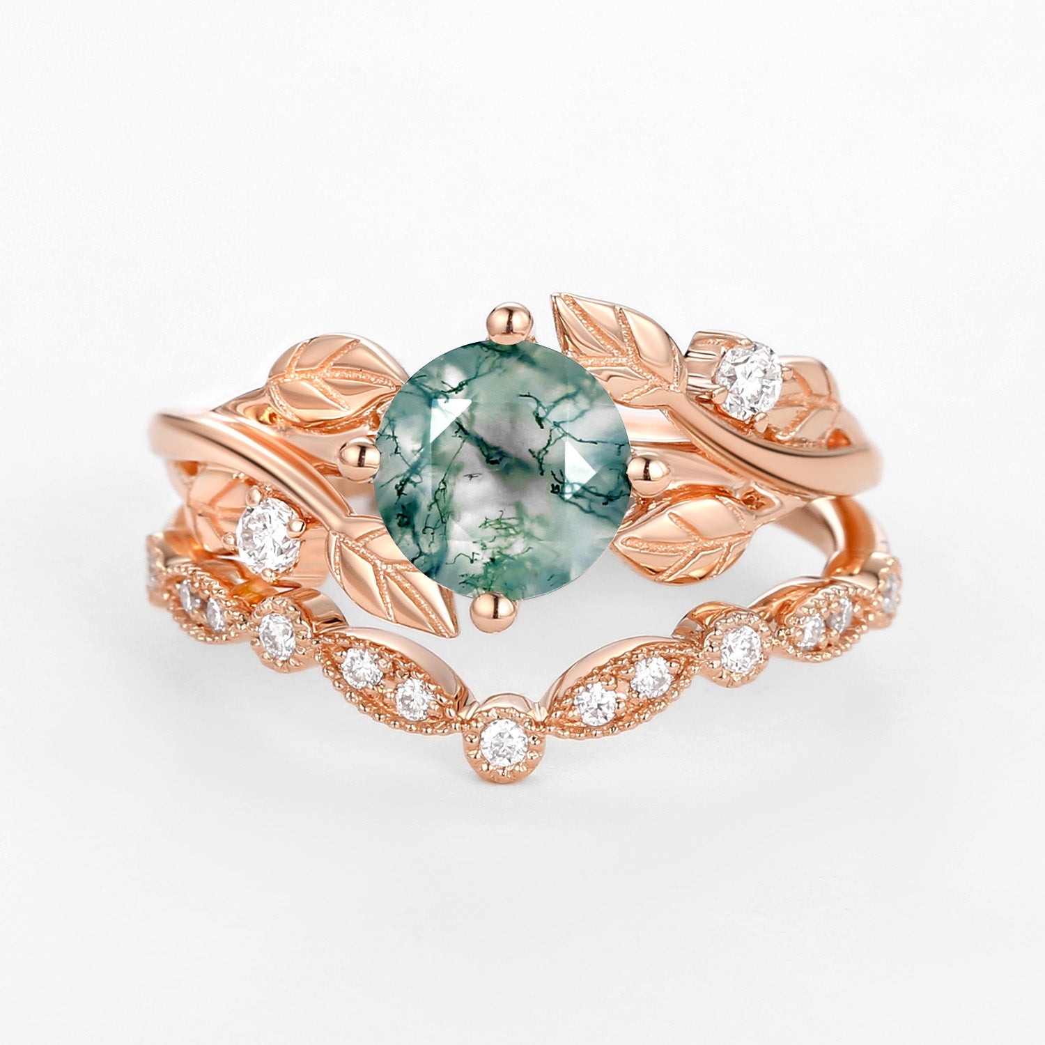 Round Cut Moss Agate Leafy Four Prongs Ring Set 2pcs